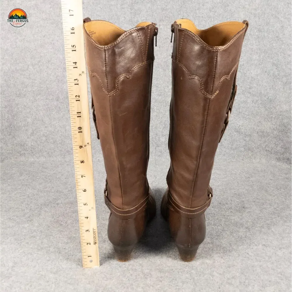 Sofft Riding Boots Brown Leather Knee High Harness Strap Block Heels Women's 8M